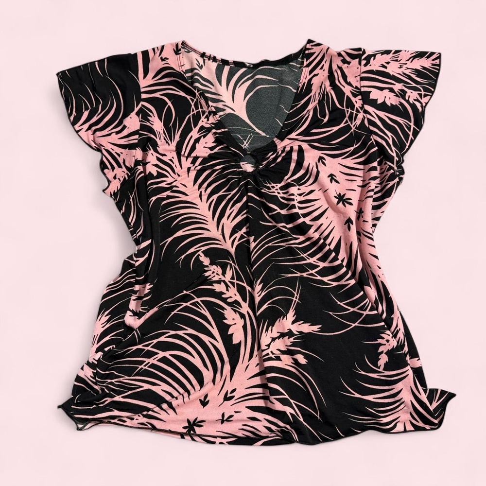 Vintage Y2K Pink Black Tropical Palm Print Ruffle Cap Sleeve O-Ring Blouse XL